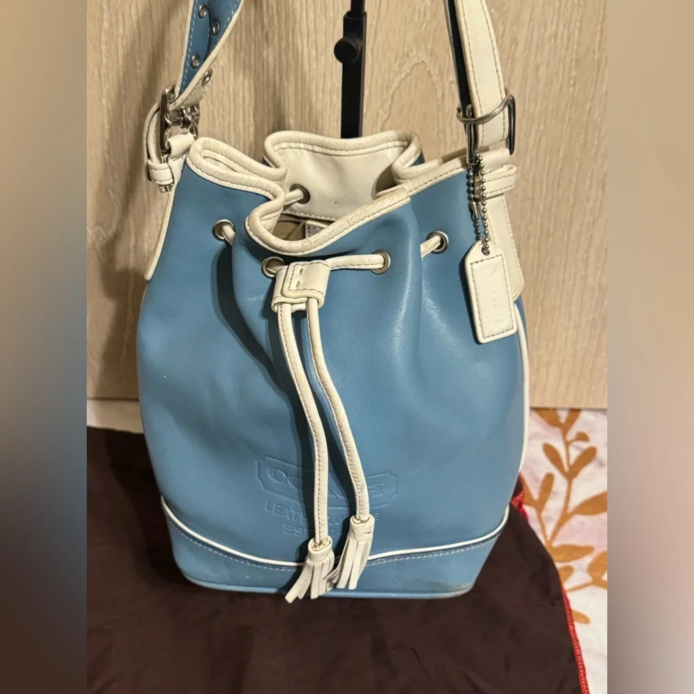 Vintage COACH Blue & White Leather Mini Bucket Drawstring Crossbody Shoulder Bag